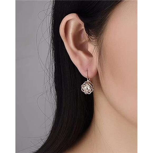 Rose Gold Plated Hollow Rose Flower Leverback Earrings with Swarovski Crystals - Picture 2 of 8